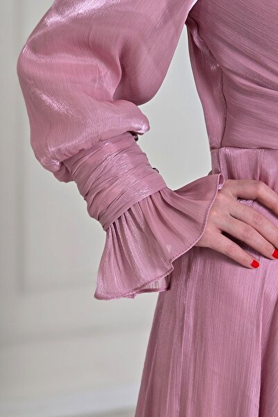 Yonca Moda Evi Pudra Ön Detaylı Kollar Fırfırlı Abiye 4805