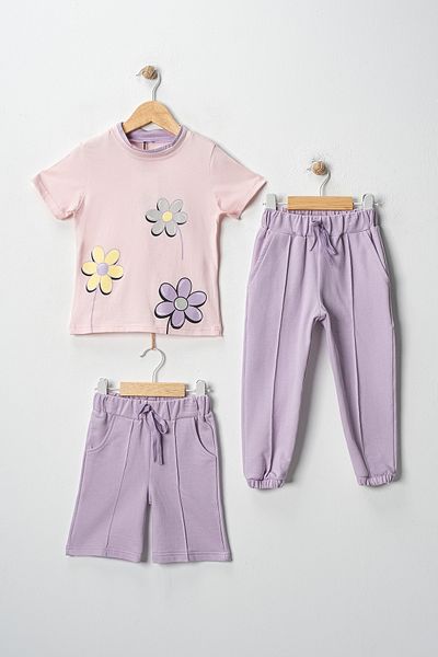 esso mandolin Girl's Floral Print Detailed Summer T-Shirt Set