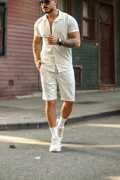 Tarz Cool Men's White Slim Fit Bottom Top Shorts Set-gmlksrt01r01s