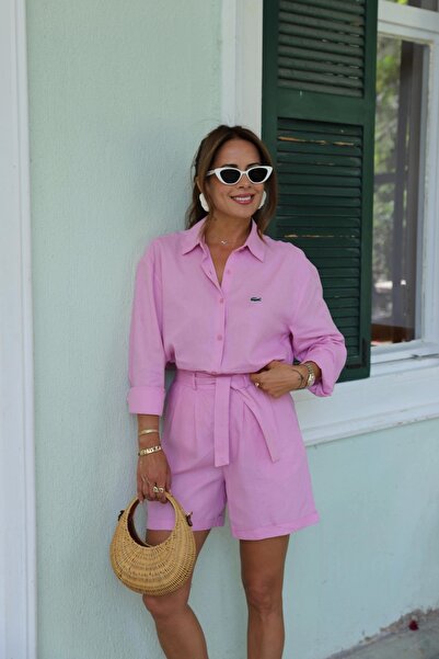 Purple by Banu PEMBE Bel Bağlama Detay Keten Şort