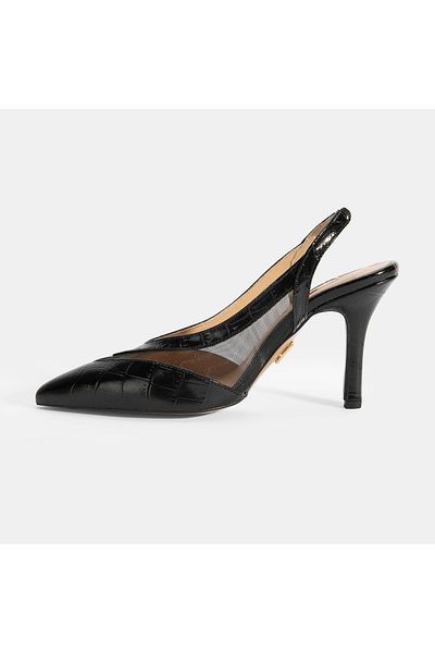 Desa Women's Black Crocodile Patterned Mesh Evening Dress Heeled Shoes