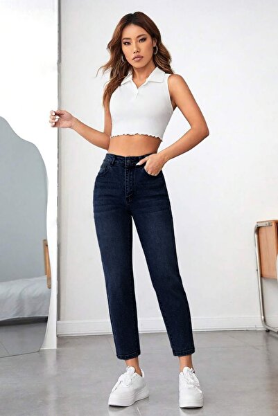 CEDY DENIM Mom Fit Jean Висока талія Бойфренд Крій Лікра Синій Жіночі джинси C599