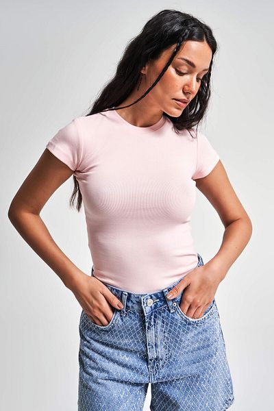 its basic Culoare roz pentru femei s5-20 țesătură super elastică 100% bumbac decolteu rotund Body de bază