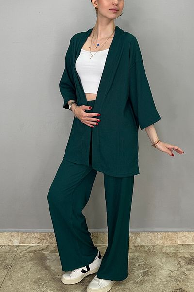 Tam Moda Women's Emerald Green Palazzo Trousers - Kimono Set