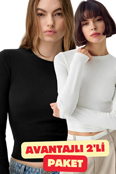 dgs look 2'li Bisiklet Yaka Siyah-beyaz Basic Ultra Soft %100 Pamuk Uzun Kol ...