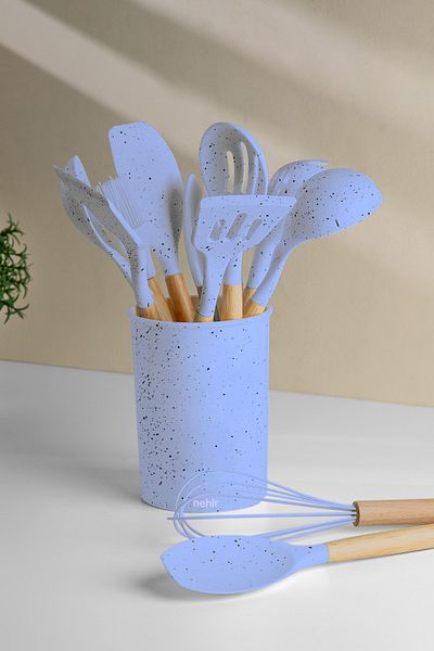 Nehir Angela Blue Wooden Silicone 12 Piece Serving Set