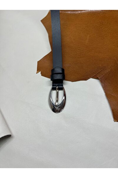 Tarz حزام أسود رفيع من الجلد الطبيعي 100% بإبزيم فضي – للنساء