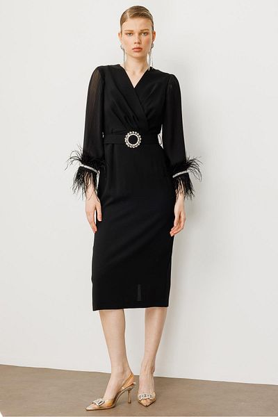 Moda İlgi Modailgi Μακρύ Φόρεμα με Πλισέ Μανσέτα Otrish Μαύρο