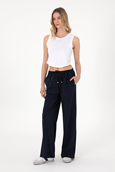 U.S. Polo Assn. Women's Navy Blue Striped Loose Relax Fit Canvas Trousers 50309105-Vr033