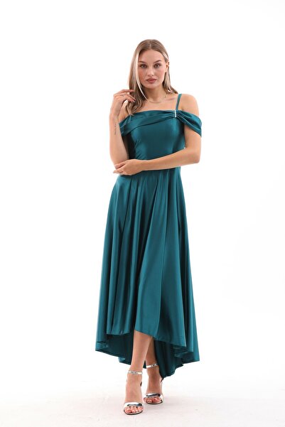 FARİKA Omuz Detaylı Asimetrik Maxi Yeşil Saten Rüya Abiye Elbise | Mezuniyet Düğün Davet Şık Gece