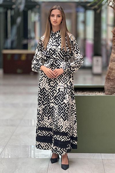 Ceremony Digital Dress with Skirt Pleat and Stripe