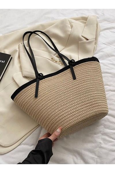 Katusa Women's Black Jute Rope Design Beach Bag with Binding Detail