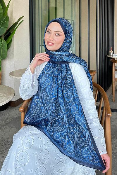 lamelif Retro Pattern Soft Shawl Midnight Blue