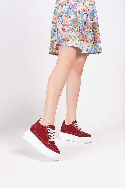 BENNU DERMO FASHİON Women's Hidden Heel Lace-Up Linen Sports Shoes Claret Red