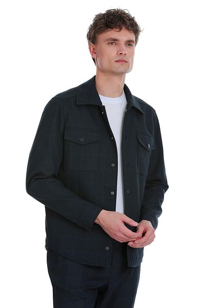 Hatemoğlu Navy Blue Slim Fit Checked Mono Collar Overshirt Set
