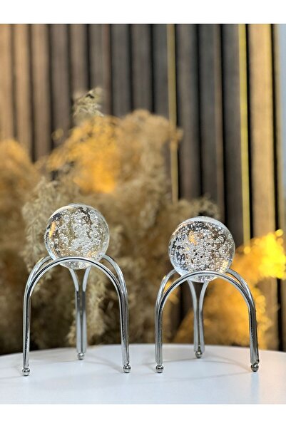 KIRAT HOME DESIGN Dekoratif 2'li Gümüş 3 Ayaklı Çapraz Küre Paslanmaz Masaüst...