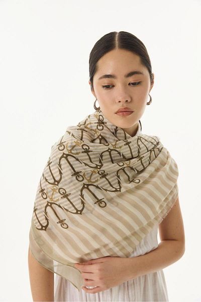 Luminos Butik Anchor Patterned Pareo Shawl in White Tones