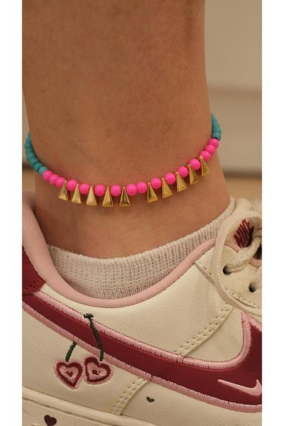 Jerie Gold Triangle Plate Pink Blue Bead Anklet
