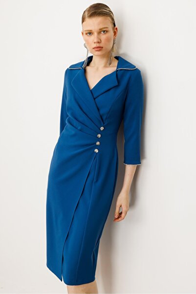 Moda İlgi Modailgi Belde Pile Detaylı Truvakar Kol Midi Boy Elbise Petrol Mavisi