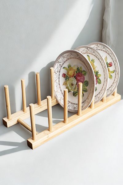 Manaferra Bamboo 6 Compartment Natural Plate Holder - Kitchen Organizer