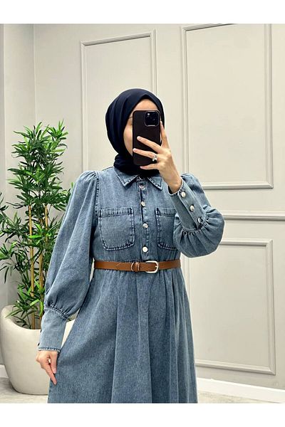 OlaLady Women's Sleeves Cuffed Leather Belt Hijab Denim Jeans Dress