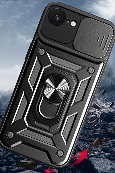m.tk moveteck iPhone 16E Kılıf Kamera Korumalı Sürgülü Yüzüklü Armor Military Tank Kapak+9H Ekran Koruyucu Cam Set