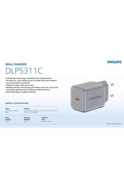 Philips Type-C Hızlı Şarj Adaptörü,33W Hızlı Şarj,Akıllı Telefon,Tablet Uyumlu,Power Delivery,3A,DLP5311C