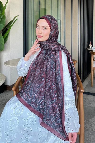 lamelif Retro Pattern Soft Shawl Dark Burgundy
