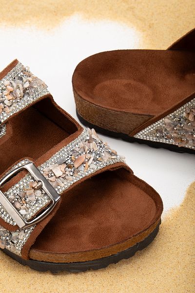 Reyonda ayakkabı Women's Natural Stone Tan Double Buckle Sea Stone Orthopedic Slippers