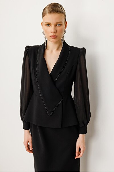 Moda İlgi Modailgi Yakası Aksesuar İşlemeli Kolları Şifon Kruvaze Elbise Siyah