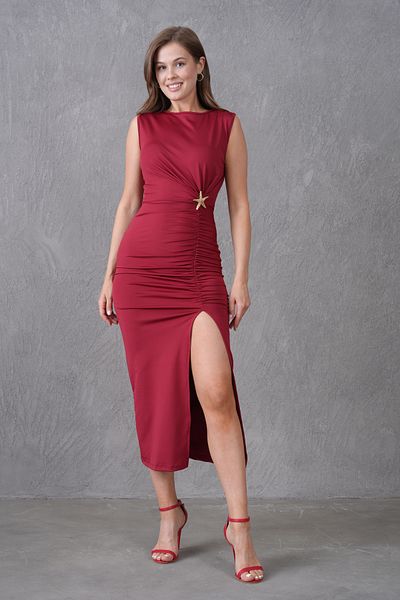 bayansepeti Women's Burgundy Stretchy Fabric Drape and Slit Detailed Midi Dress with Star Accessories 13606