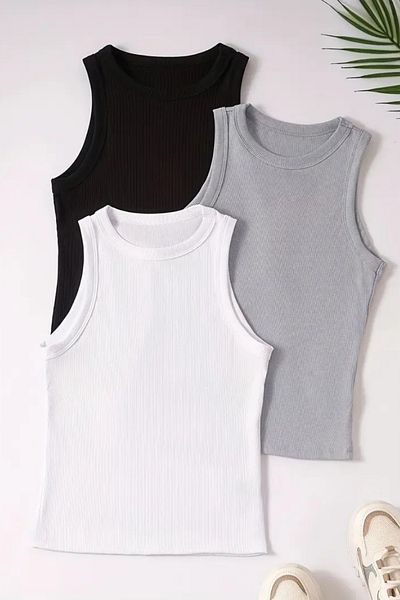 YESENİA Women's Regular Fit Regular Fit Thick Strap Zero Sleeve Knitted 3-Piece Undershirt
