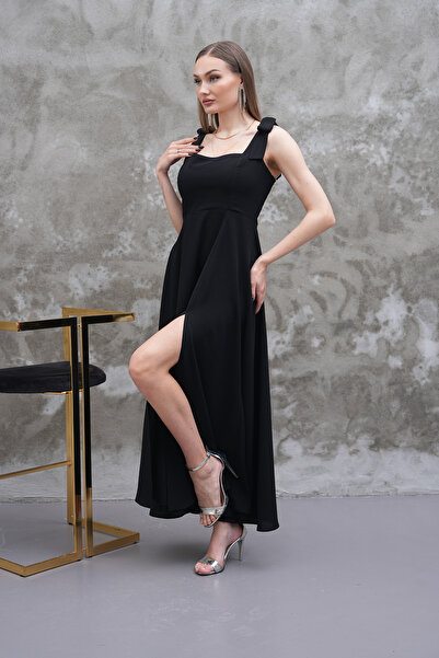 FARİKA Kalın Askılı Kare Yaka Yırtmaçlı Maxi Boy Kadın Abiye Elbise | Gece Şıklığı Düğün Davet Kombini