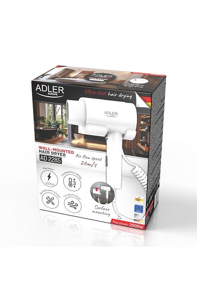 adler Uscător de păr AD2285w, sistem de montare pe perete, 3 setări de temperatură, viteză 26m/s, 18500RPM, 2000W