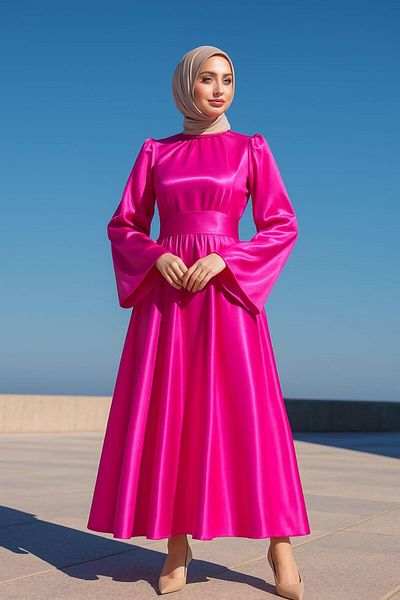 Modafeminen Spanish sleeve wrap around waist satin evening dress fuchsia 583163