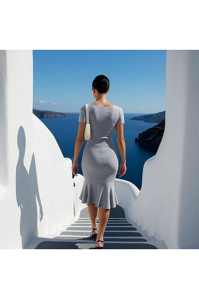 Modafeminen Γυναικείο τετράγωνο γιακά με κοντό μανίκι με λεπτομέρεια διπλό βολάν Midi βραδινό φόρεμα γκρι 582981