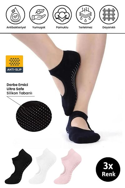 Dore Original Women's 3 Pairs of Non-Slip Pilates and Yoga Non-Slip Sole Plates Ballet Socks Black White Pink