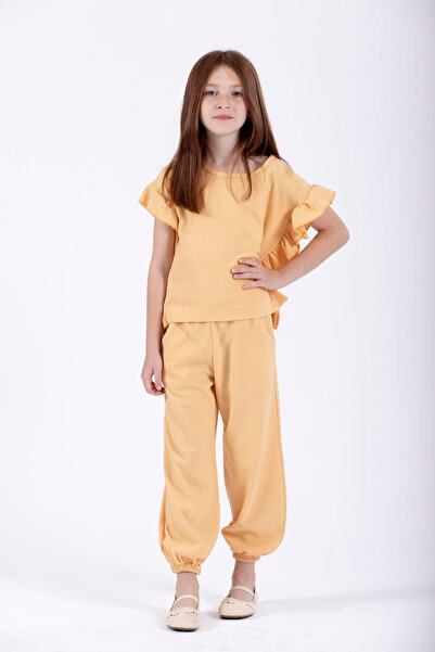 zepkids Mustard Colored Girl's Tracksuit Set with Ruffled Sides