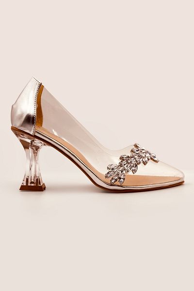 CARLA BELLA Transparent Heeled Stone Silver Women's Evening Dress Shoes (7cm)