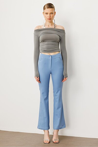 Moda İlgi Modailgi Yüksek Bel İspanyol Paça Spor Dikişli Pantolon - 75201 Mavi