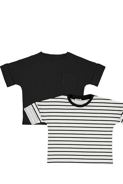 Catz Kids Pack of 2 Black Muslin Back Buttoned Shirt + Black and White Striped Combed Cotton T-Shirt
