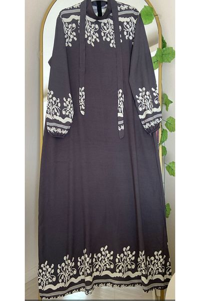 Dagü Design Women's Hijab Patterned Gray, Ecru Viscose Dress