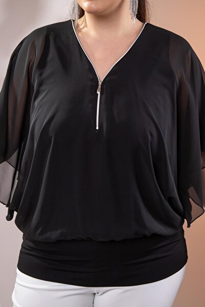 Roxxlen 3330365 Μπλούζα σιφόν με φερμουάρ Μαύρη