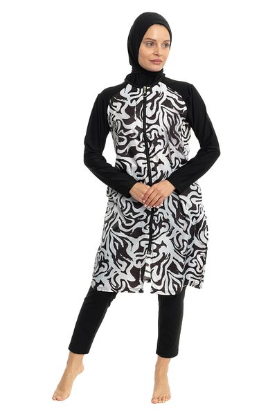 LEOMA Fully Covered Water Repellent Quick Drying Side Adjustable Zippered Patterned Hijab Swimsuit