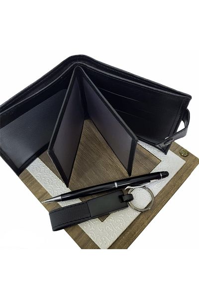 Tonfty Black Color 3-Piece Gift Set with Wooden Leather Box - Pen, Wallet, Key
