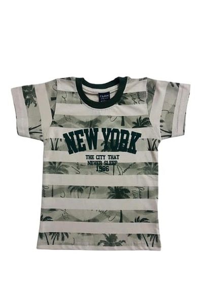 Tarık Boy's 100% Cotton New York Letter Crew Neck Short Sleeve Khaki Shorts Pajama Set