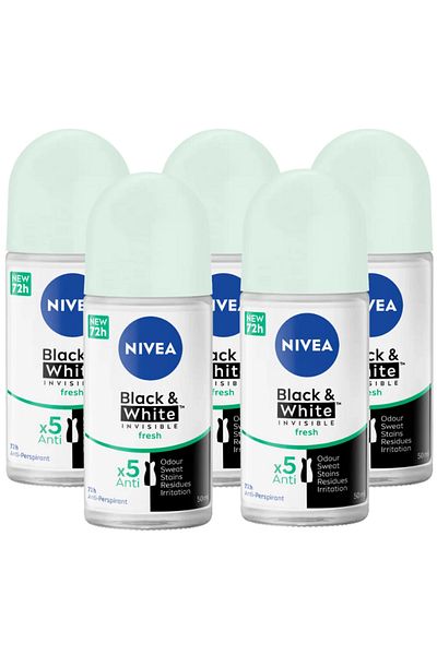 NIVEA Black&White Invisible Fresh, deodorant roll on femei, 5 buc x 50 ml