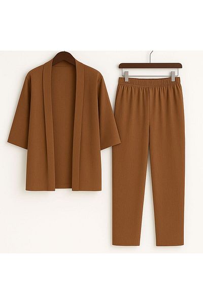 enmodaiçgiyim Bürümcük Fabric Summer Women's Jacket and Pants Set