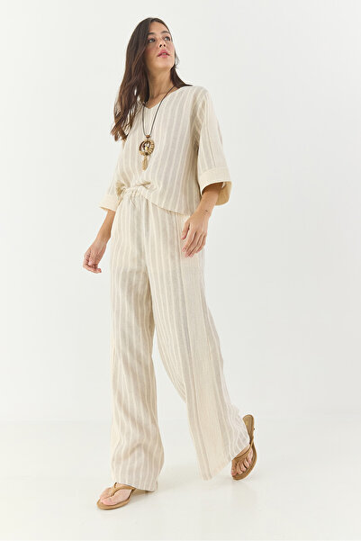 Bianco Lucci Women's Striped V-Neck Necklace Accessory Linen Top and Bottom Set 25106 60283319