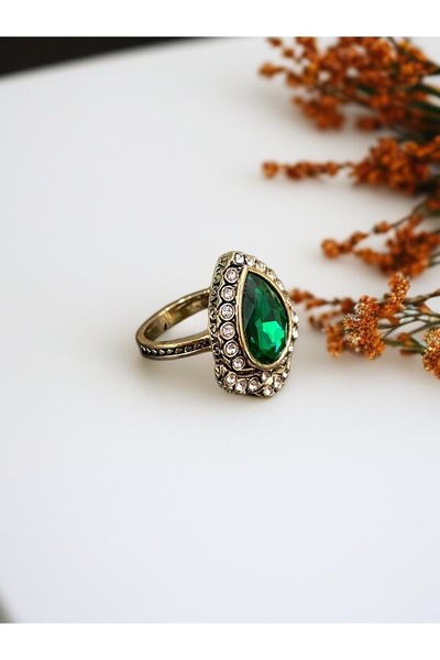 FAYRA ACCESSORIES Kristal Taşlı Antik Bronz Su Damlası Yüzük